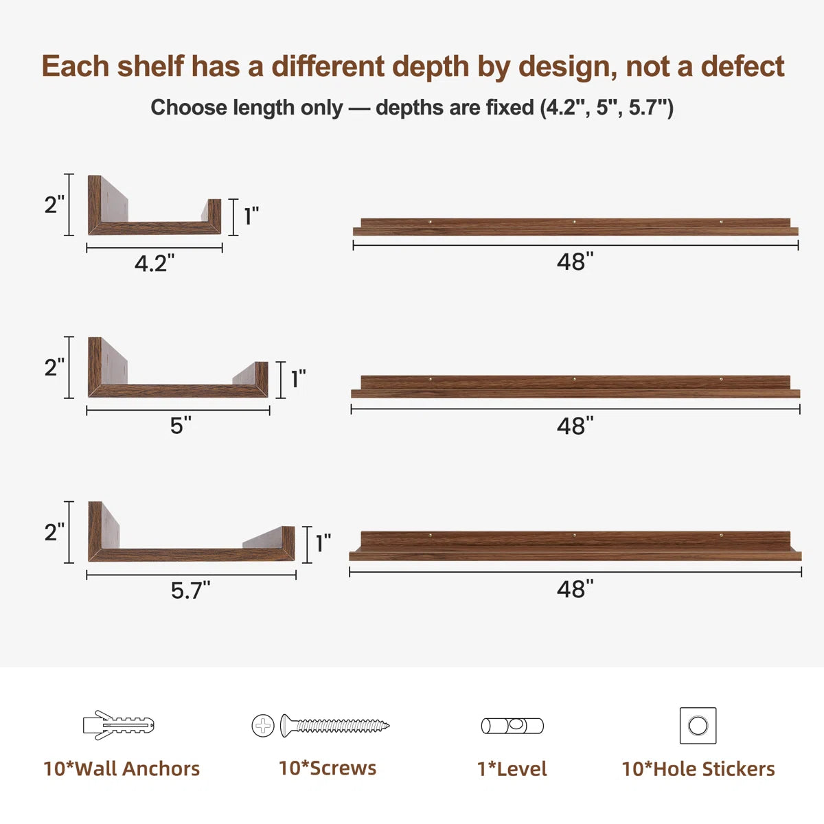 Parece shelf depths and included hardware