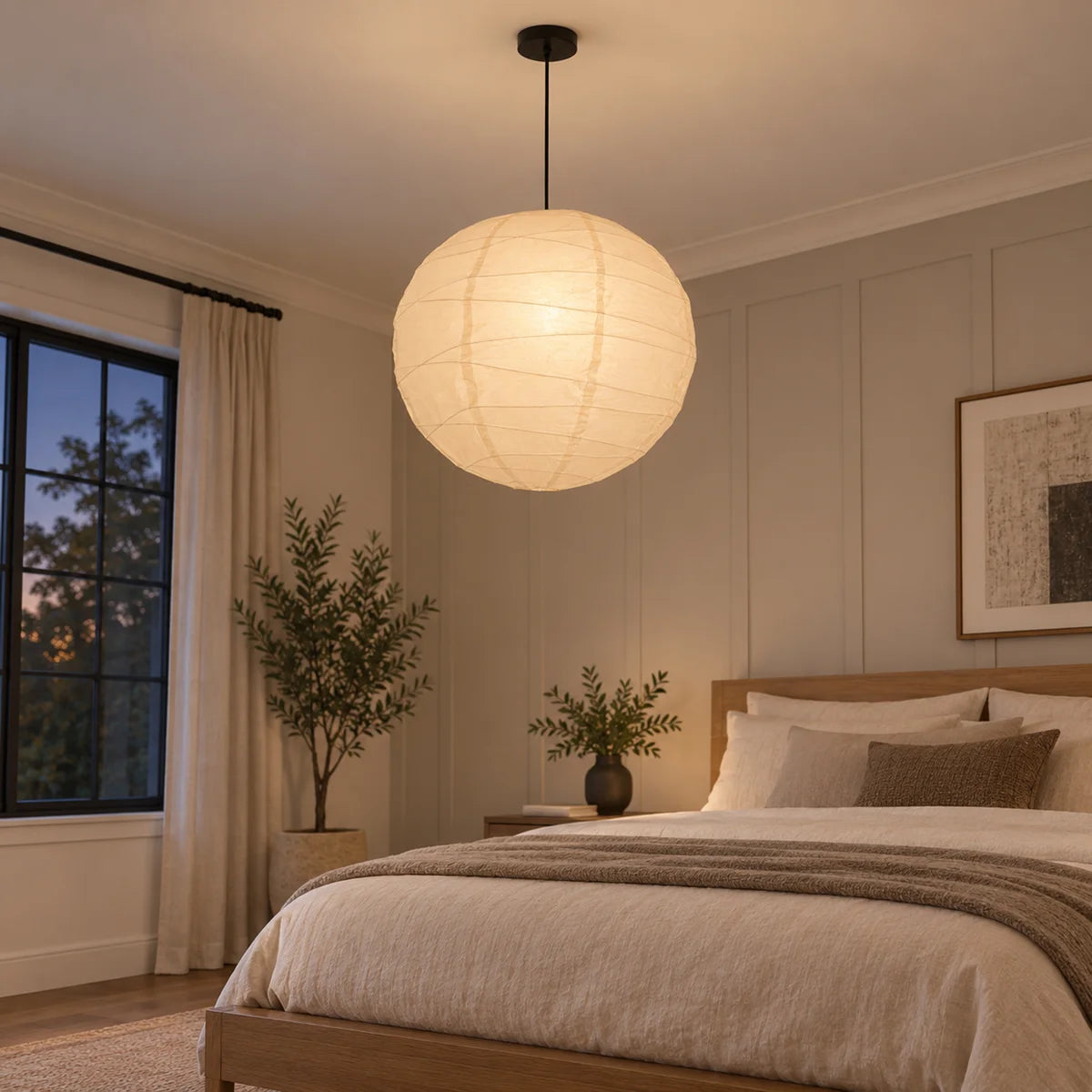 Rice paper globe pendant in a bedroom