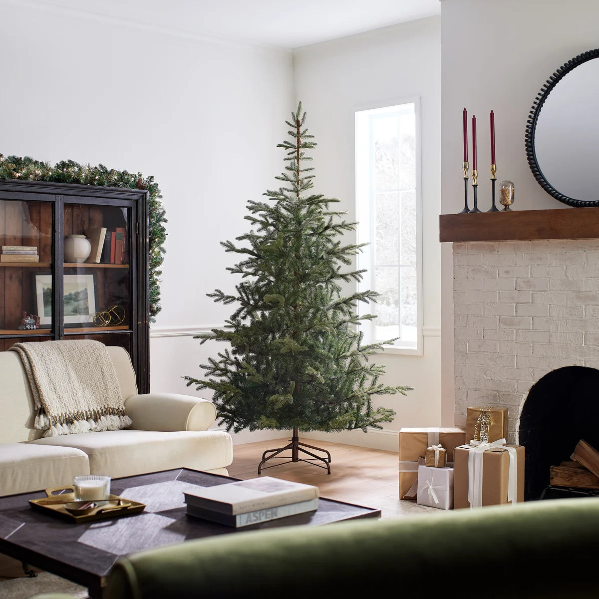 Scandinavian spruce Christmas tree in a calm living room
