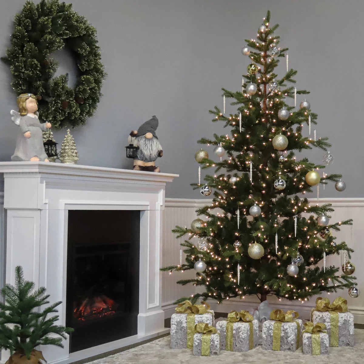 Spruce tree by a fireplace