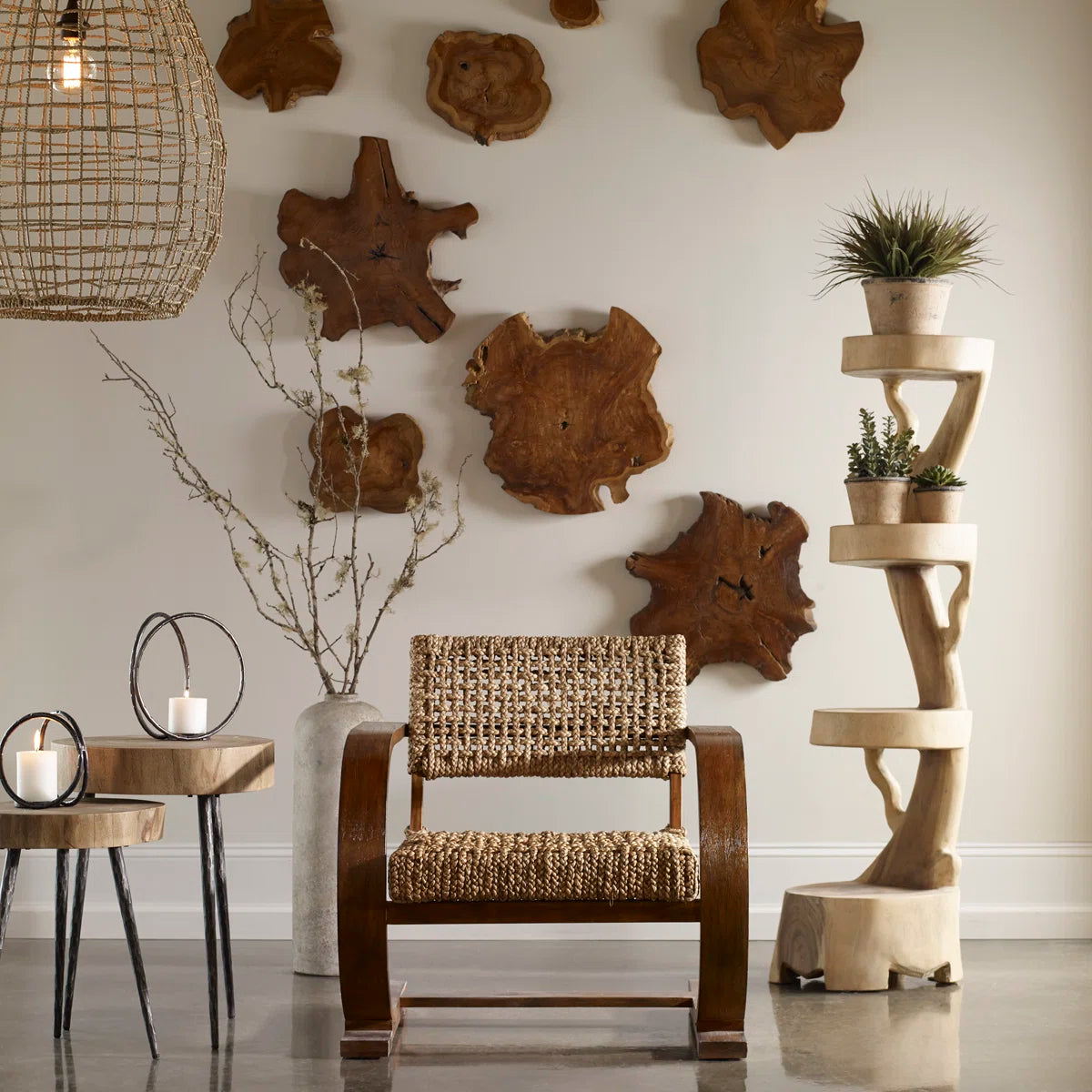 Teak wall slices above a rattan lounge chair
