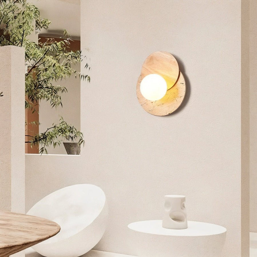Japandi Slab Travertine Wall Lamp With Brass Base – Teus