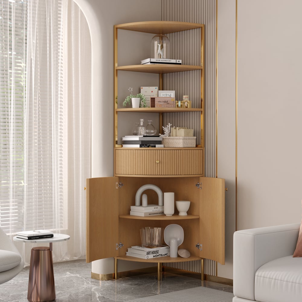 Japandi natural bookshelf with drawer and cabinet