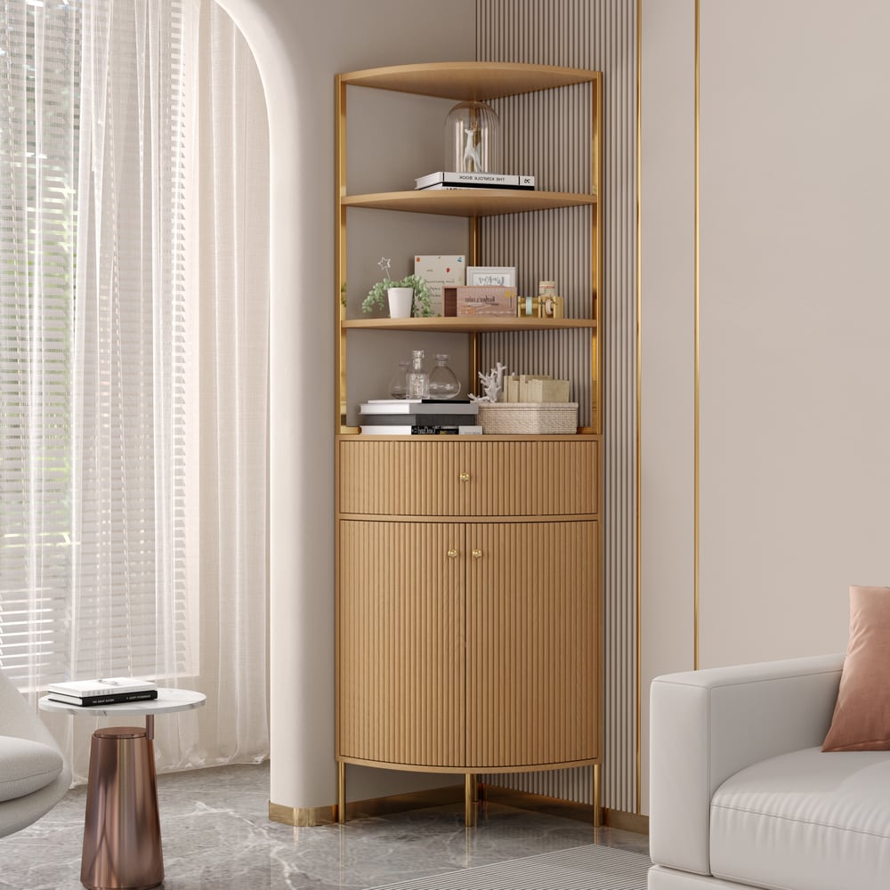 Japandi natural bookshelf with drawer and cabinet