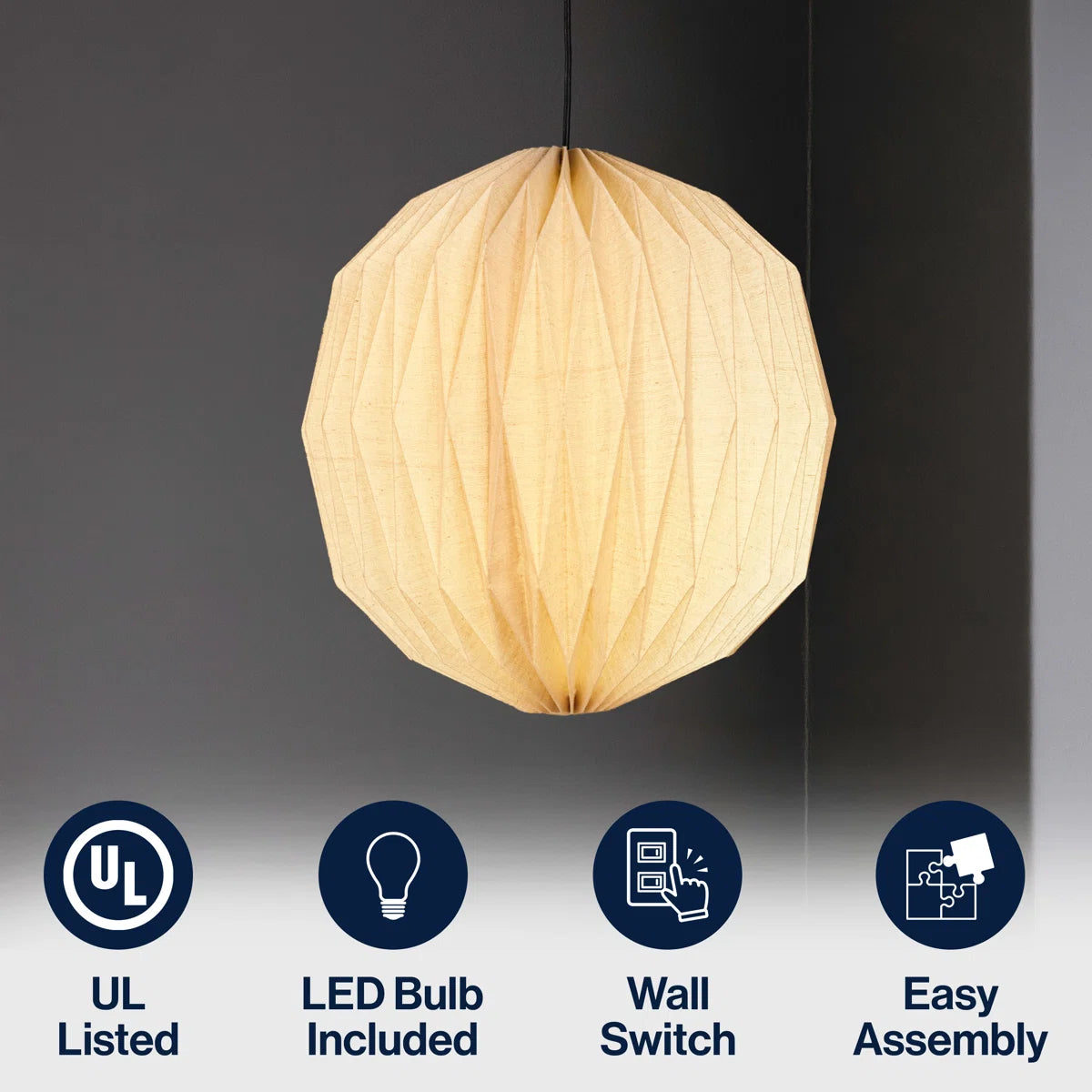 Vaughn pendant features: UL listed, LED bulb included, wall switch, easy assembly