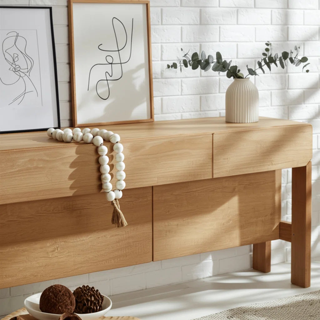 White wood bead garland on a light oak console