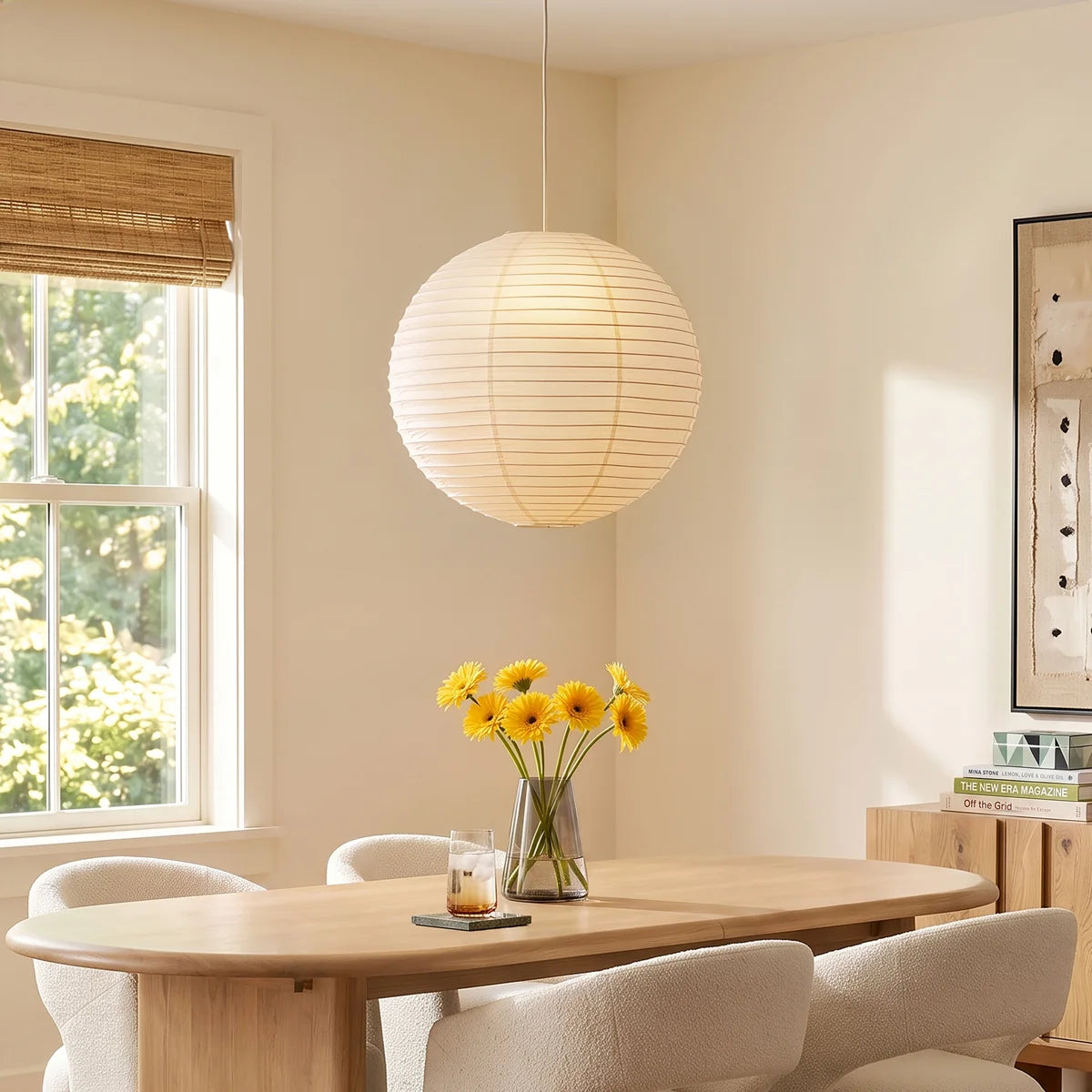 Workshop paper lantern pendant over a dining table