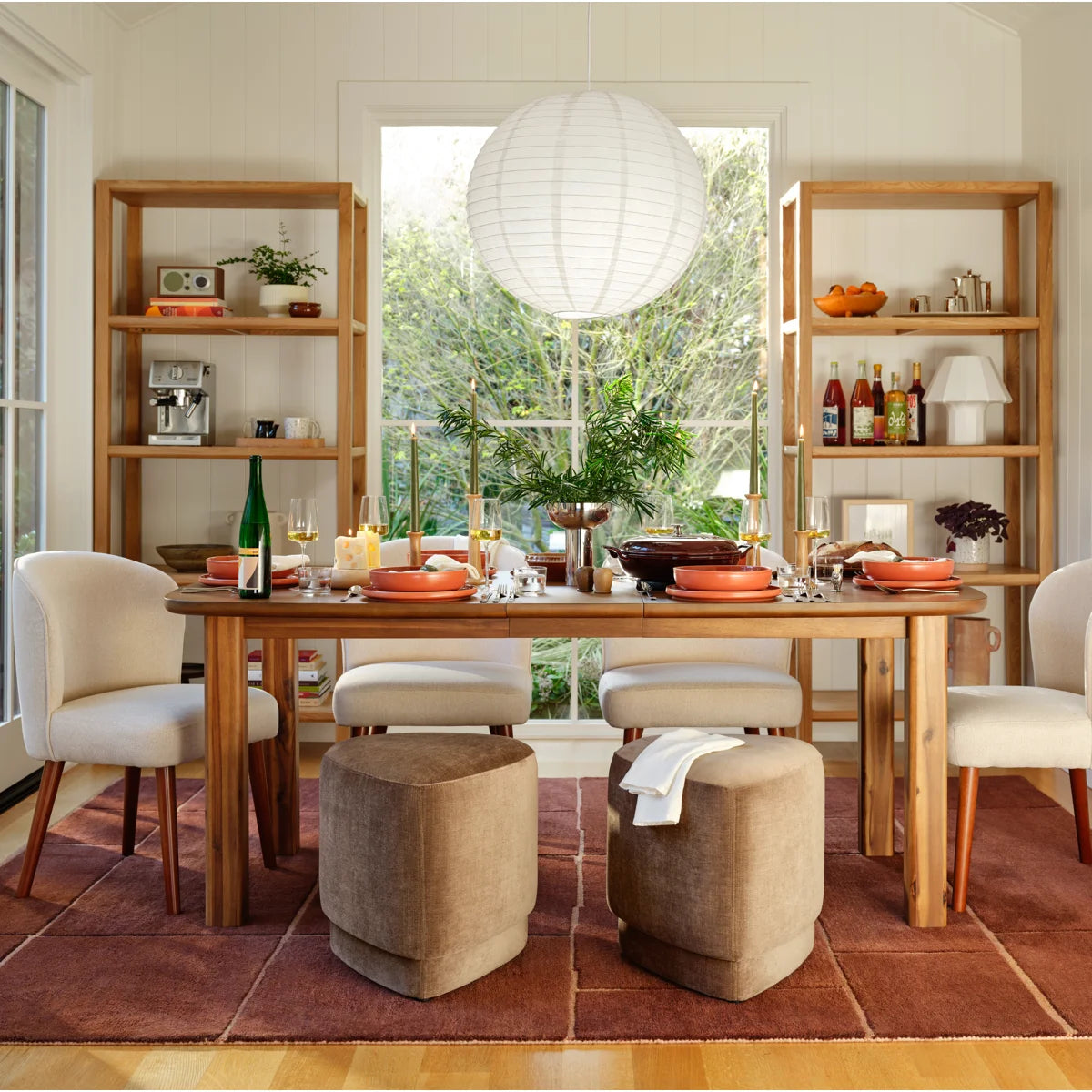 Workshop paper lantern pendant in a dining room with wood shelves