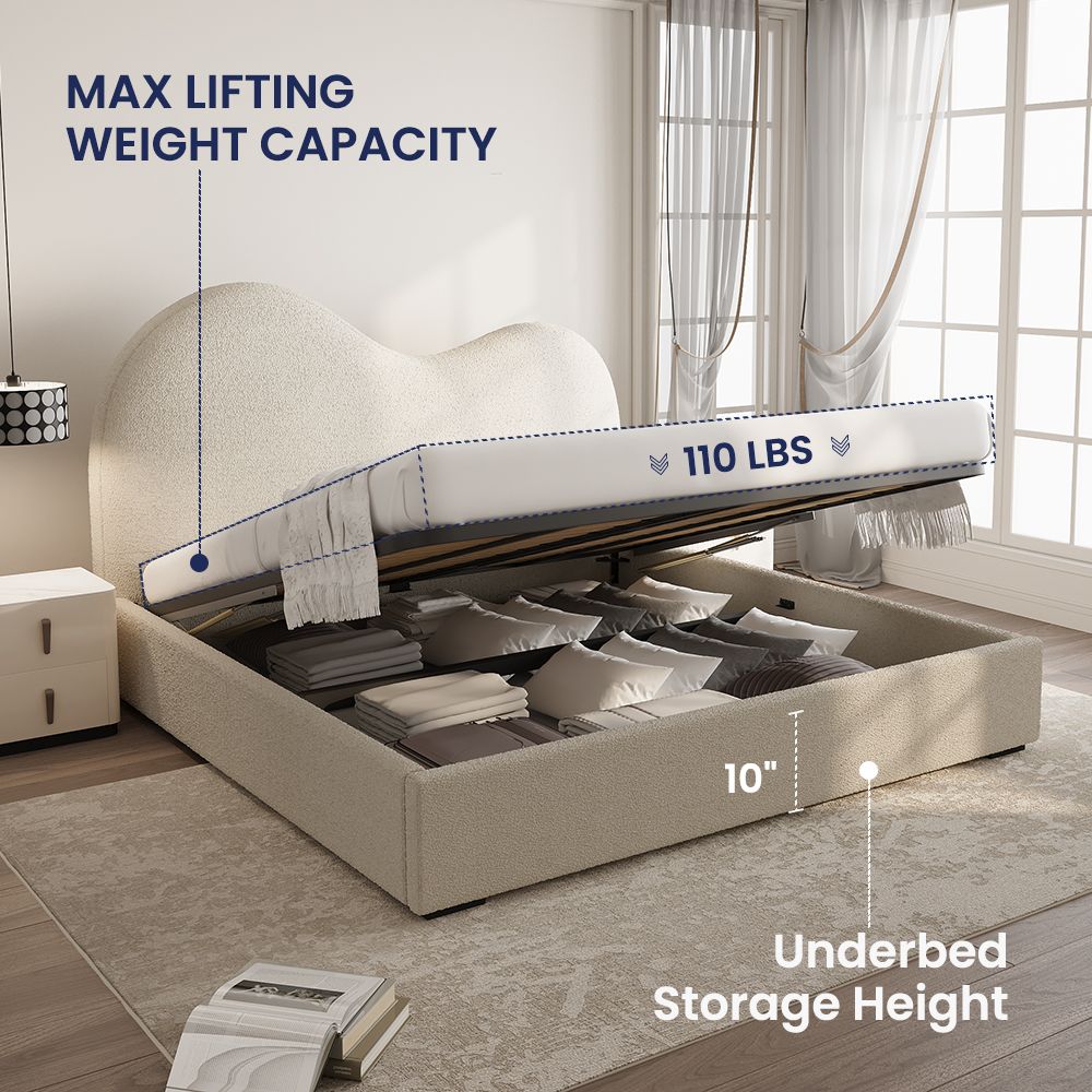 Japandi Hydraulic Lift-Up Bouclé Platform Bed