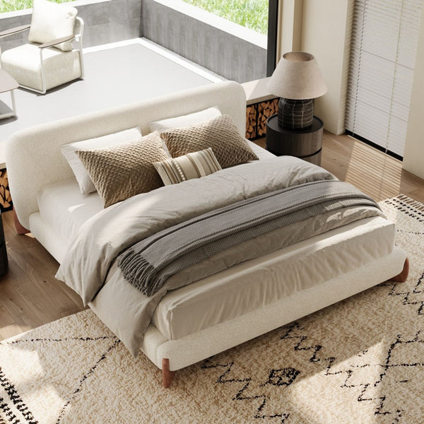 Japandi Low Boucle Bed with Wood Legs - Lambra
