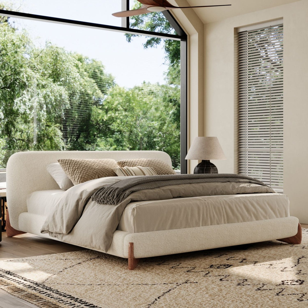 Japandi low boucle bed Lambra in a bright bedroom