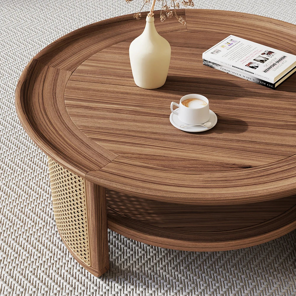 Japandi Round Walnut Wood Coffee Table