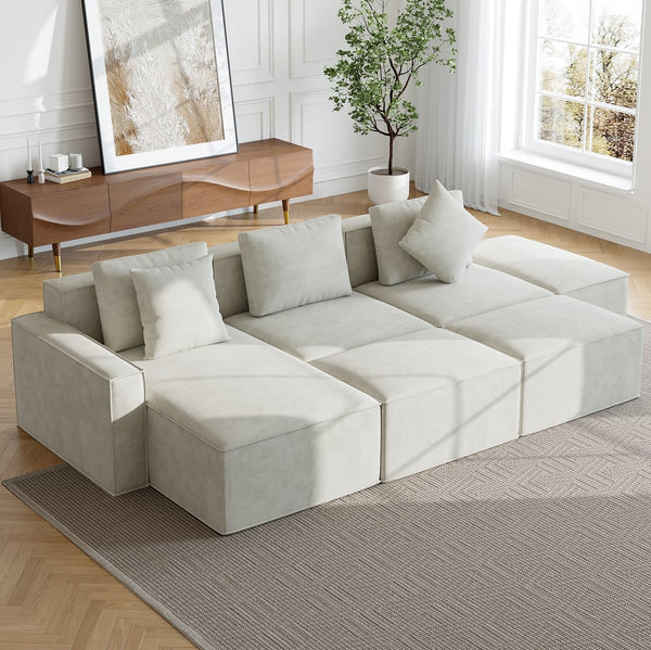 Japandi 6-Piece Modular Chaise Sectional with Ottomans