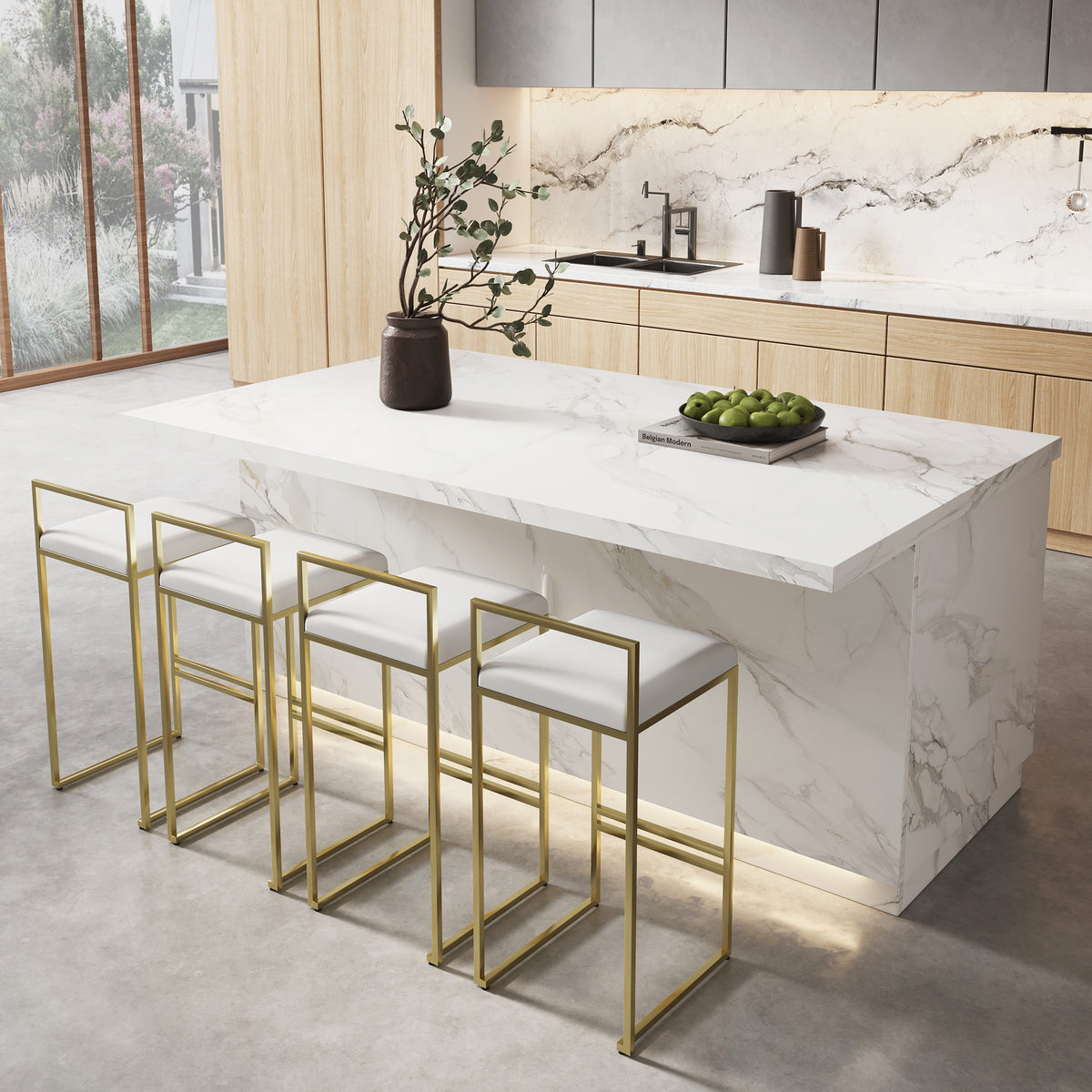 Japandi White Kitchen Island with LED Light - 72"
