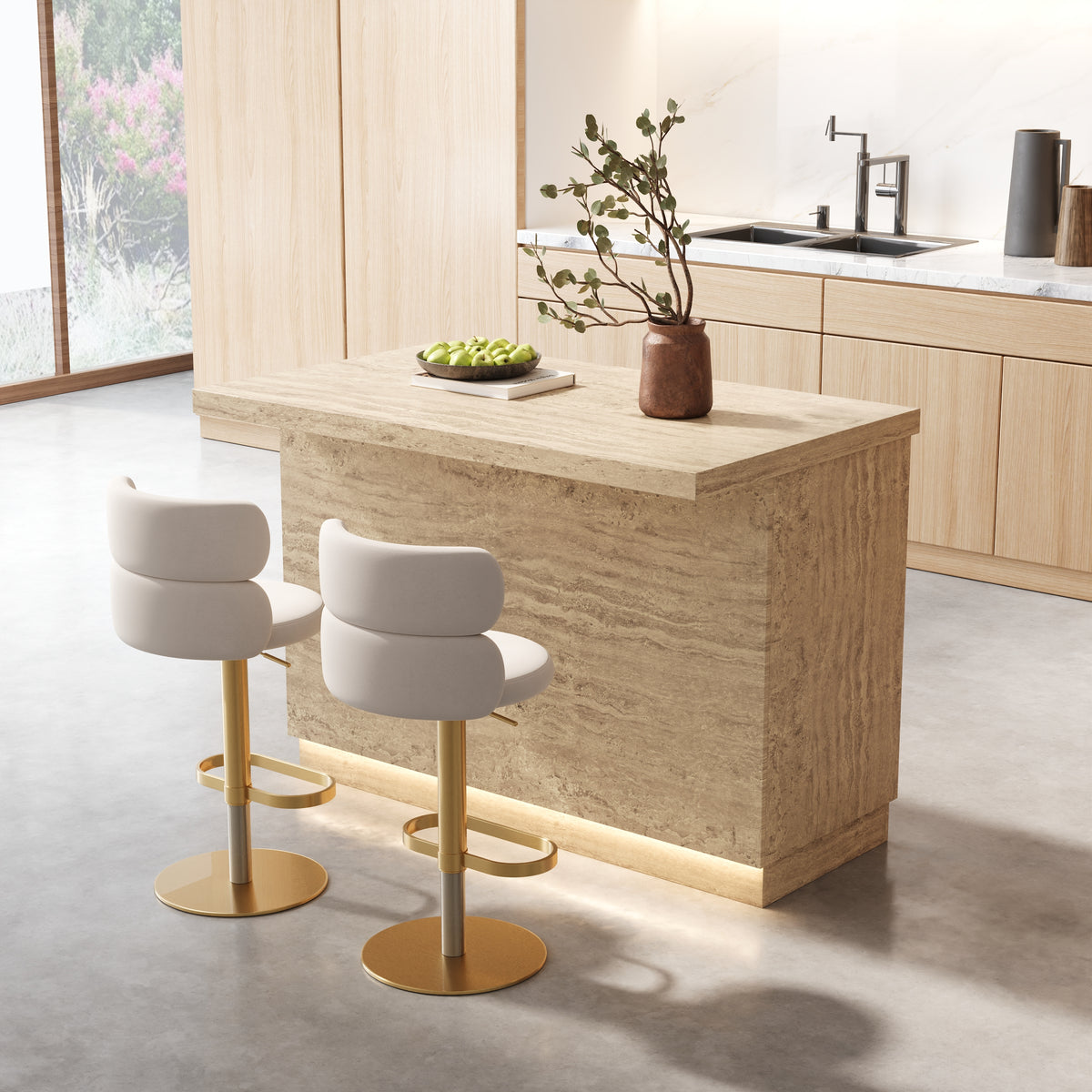 Japandi Travertine-Look Kitchen Island - 50"