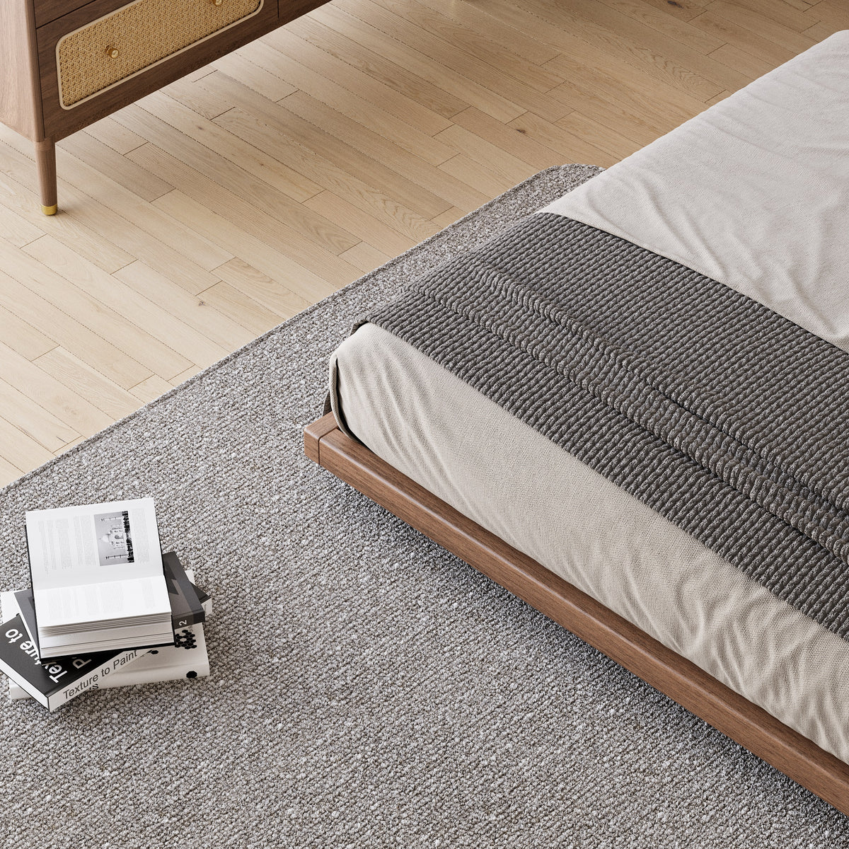 Close-up of the walnut floor bed frame edge