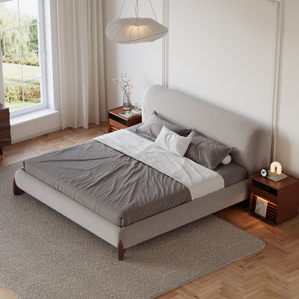 Japandi King Linen Bed with Walnut Legs – view 2