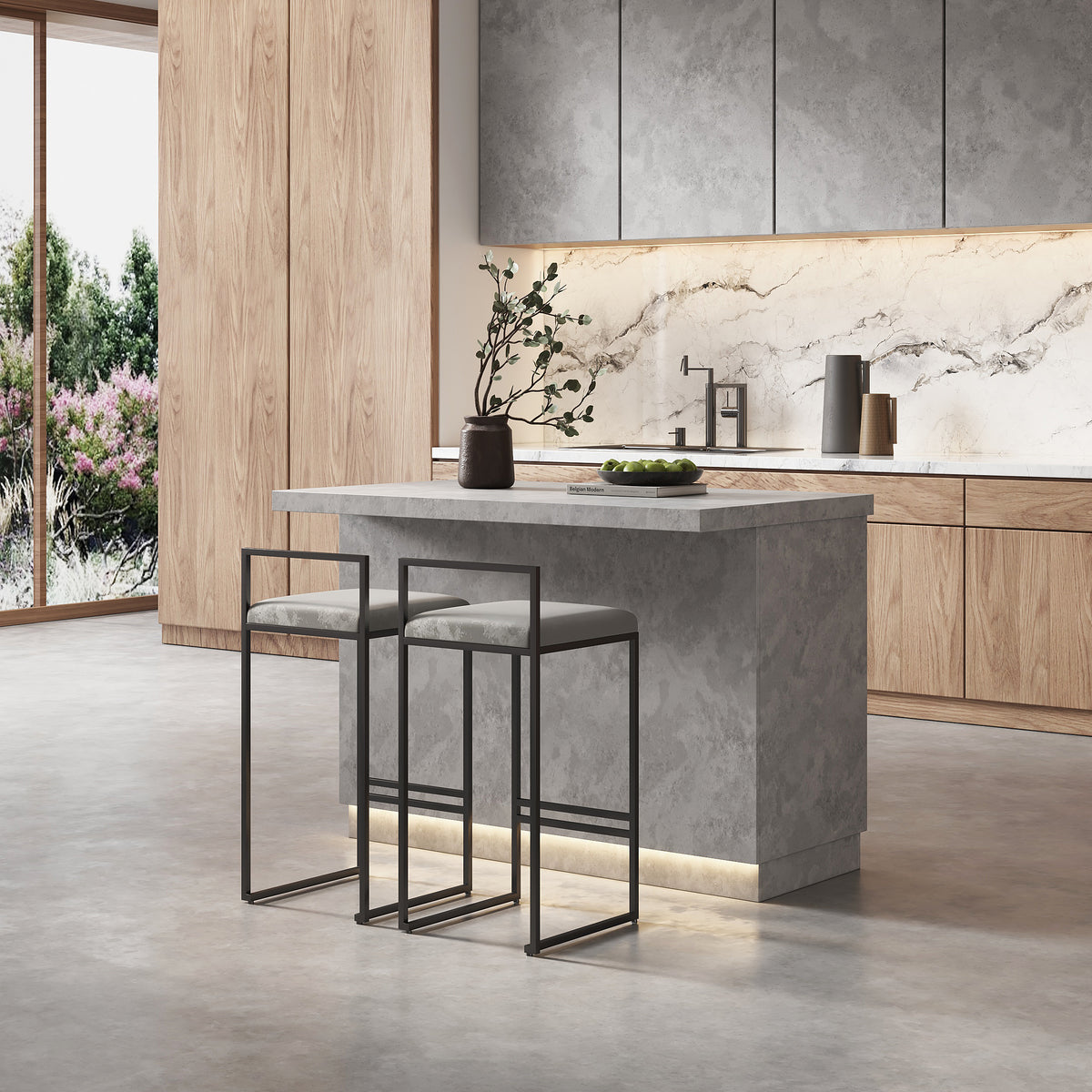 Japandi Gray Kitchen Island with LED Light - 50"