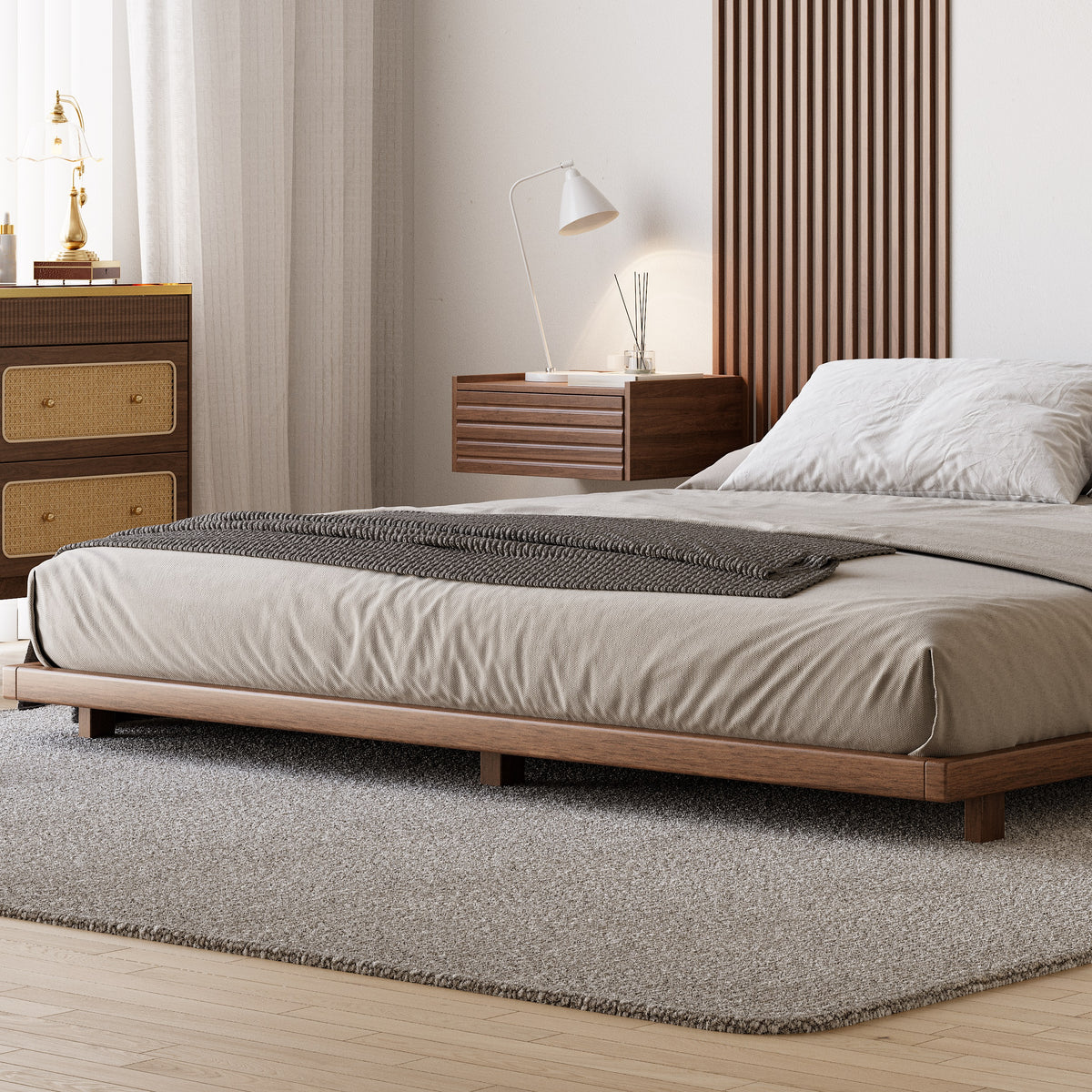 Walnut floor bed with linen bedding