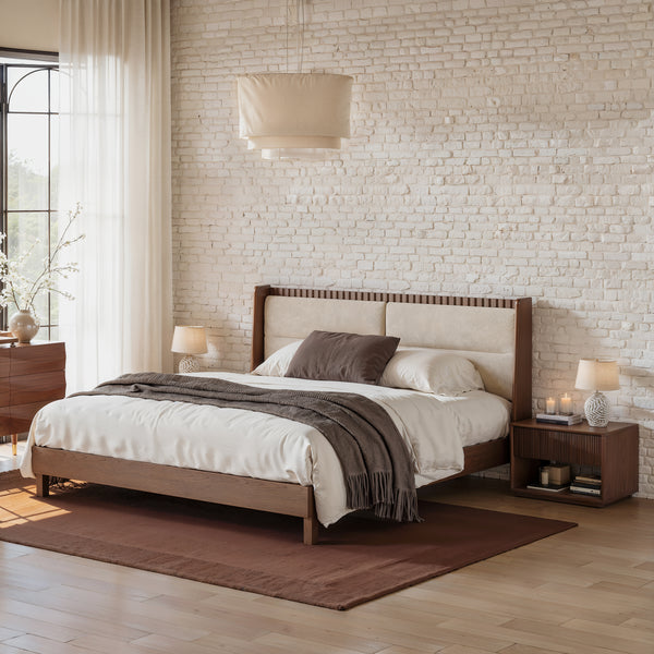 Japandi Walnut Wood Bed with Boucle Headboard (Queen)
