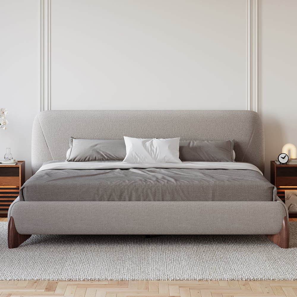 Japandi King Linen Bed with Walnut Legs
