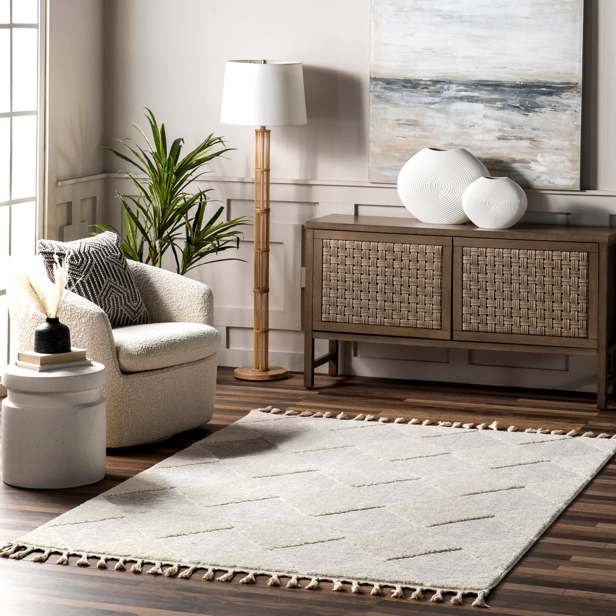 Japandi White & Grey Rug in a living room