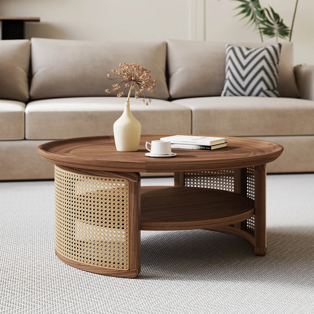 Japandi Round Walnut Wood Coffee Table