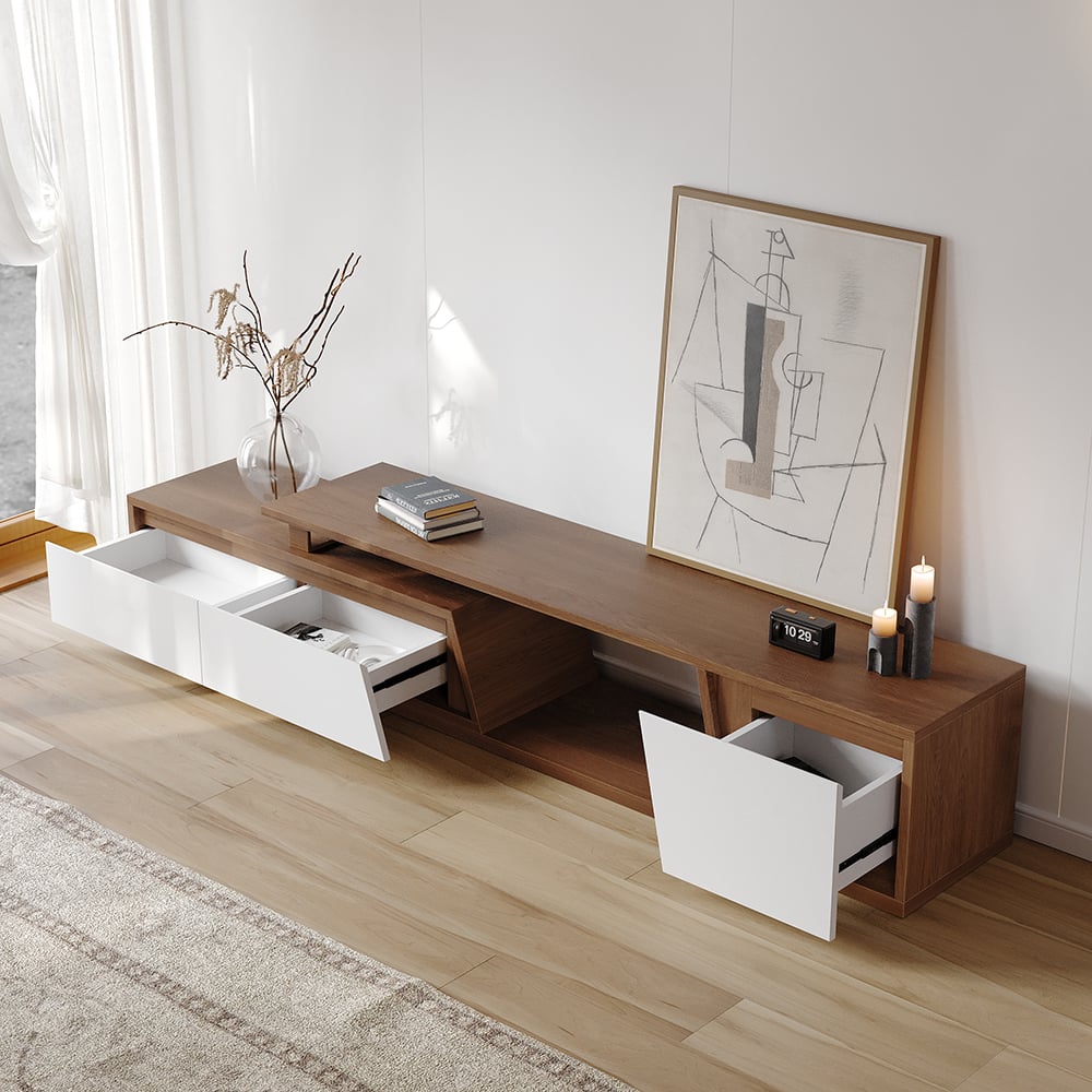 Japandi White & Walnut Extendable TV Stand