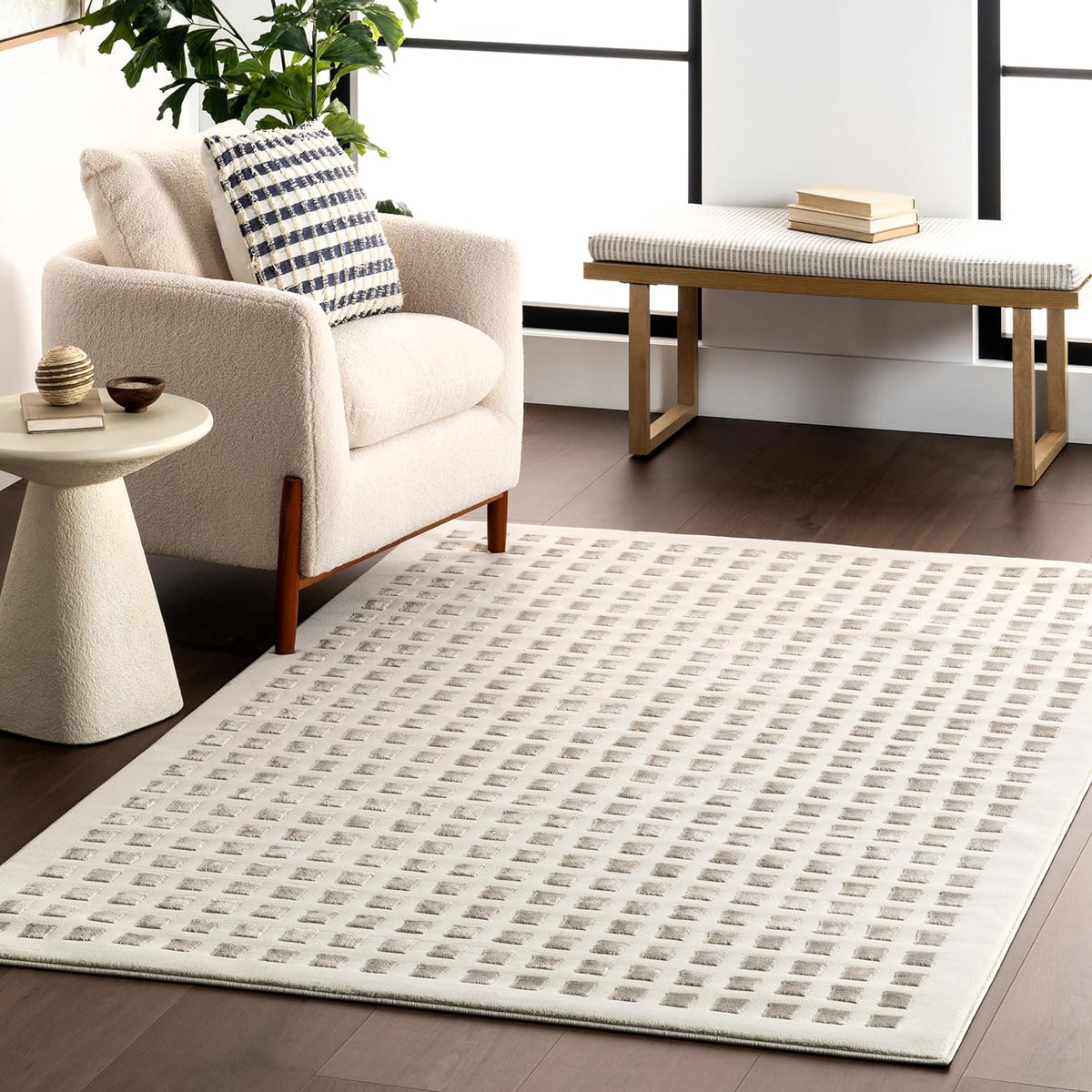Grey Checked Rug Japandi Cream & Grey Checkered Rug