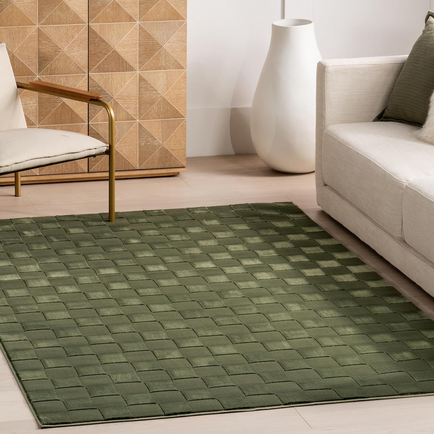 Japandi Green Checkered Rug