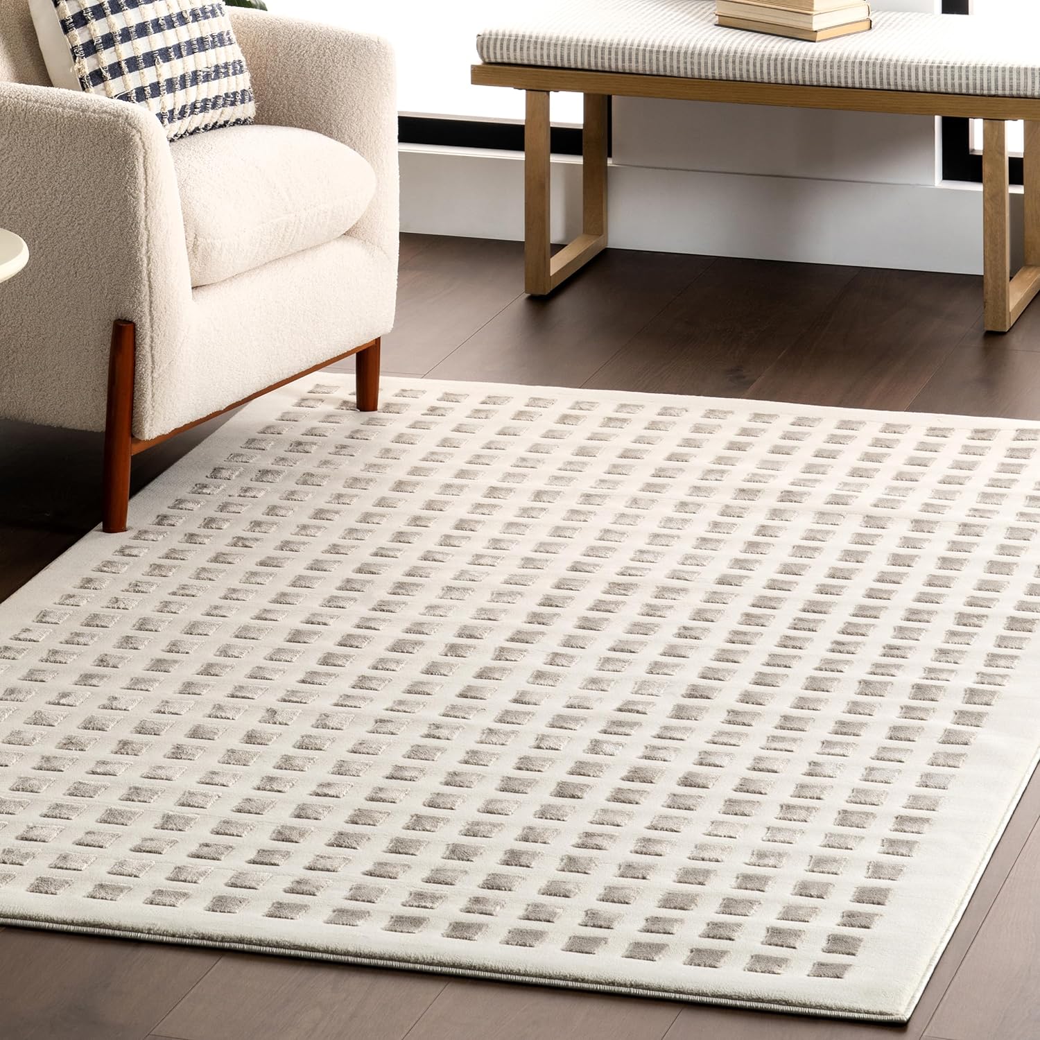 Japandi Cream & Grey Checkered Rug