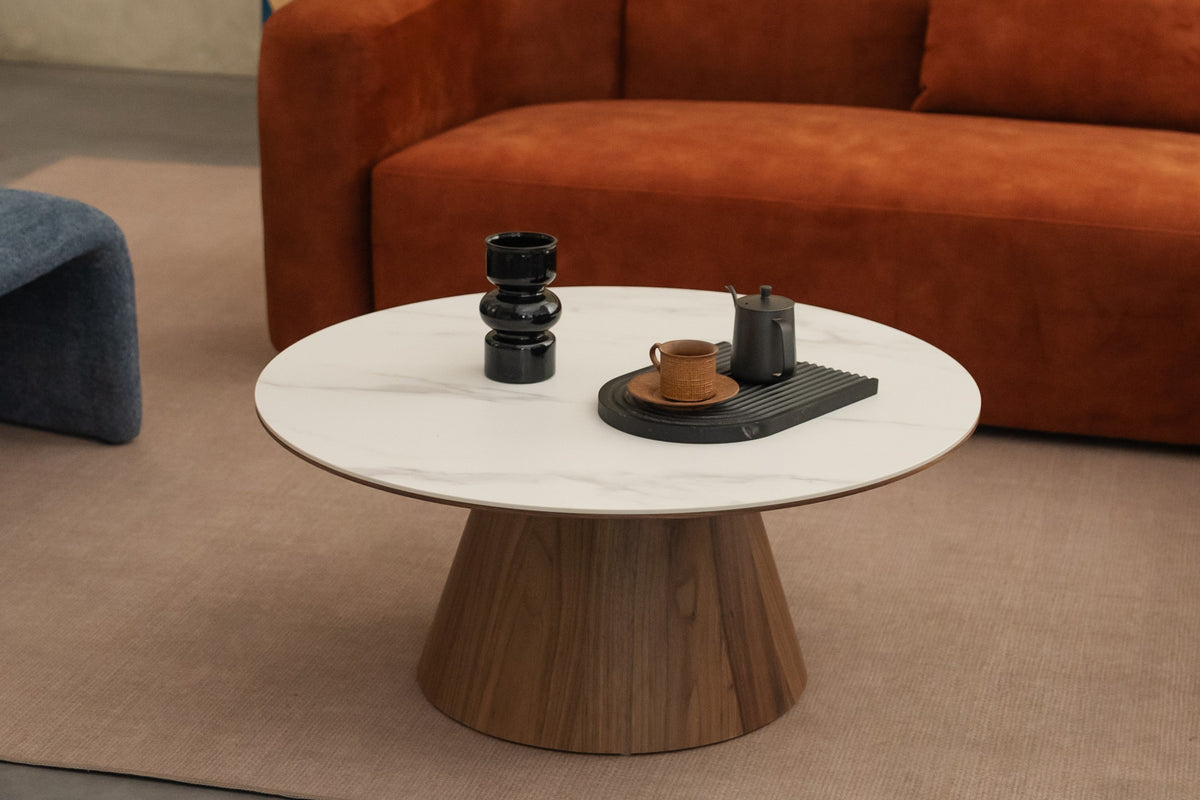 Japandi Walnut & Stone Pedestal Coffee Table - Pure Root – view 3