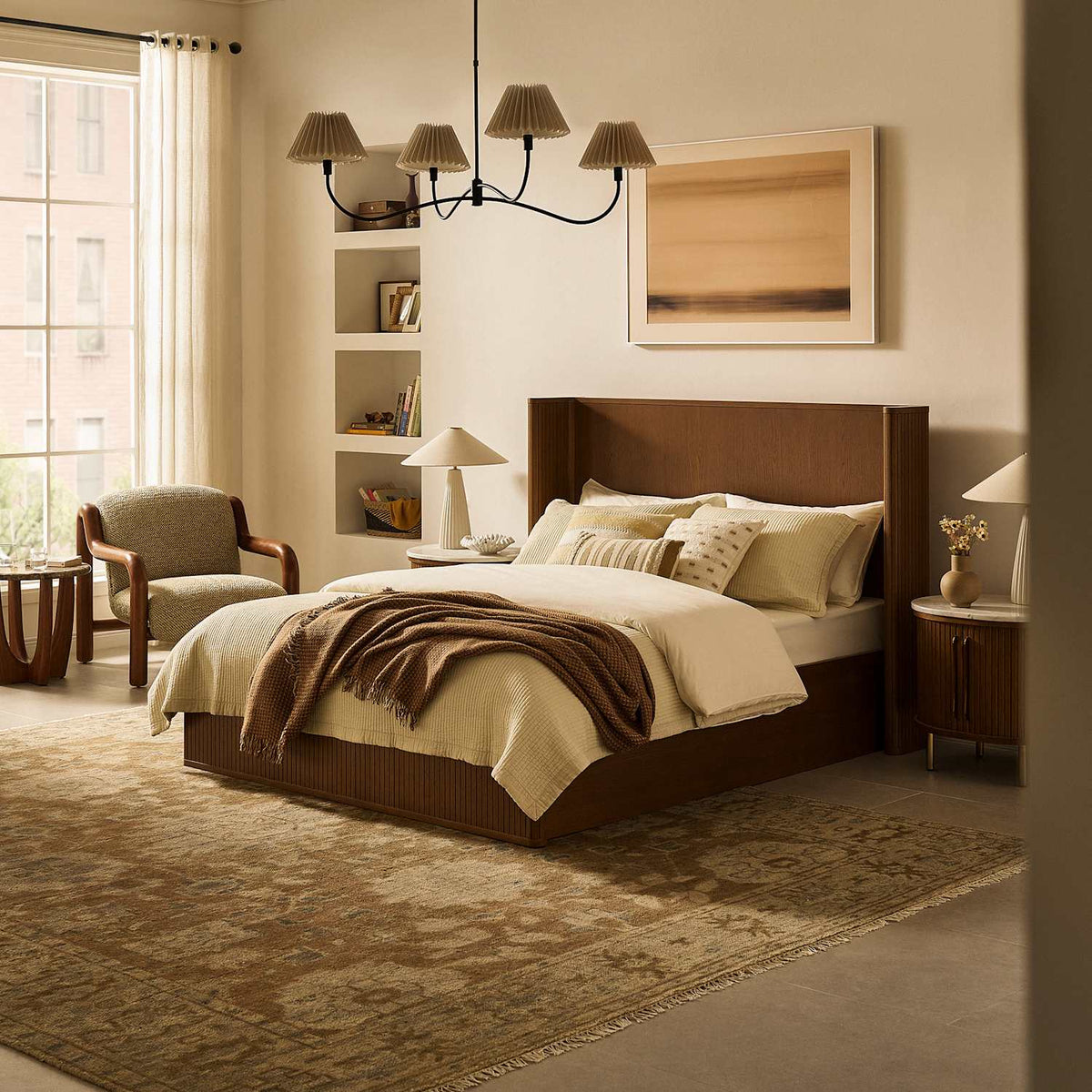 Harper chestnut wood bed in a warm, calm bedroom
