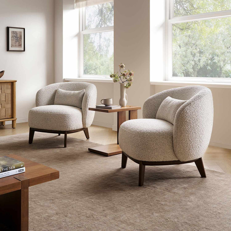 Japandi White Bouclé Armchair with Wood Base - Avery