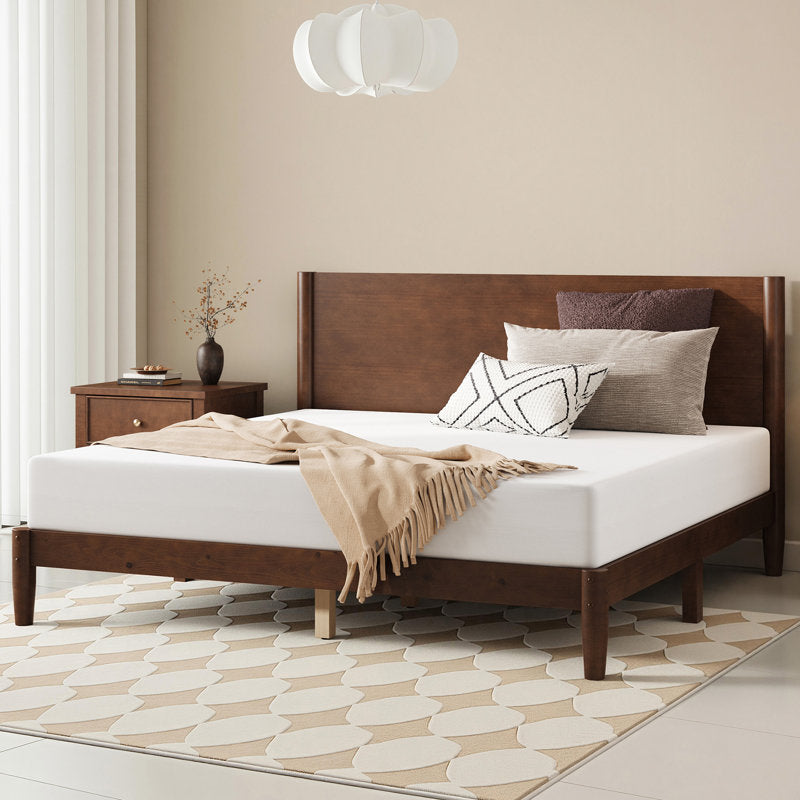 Japandi Mid-Century Wood Bed with Slat Headboard - Bilal
