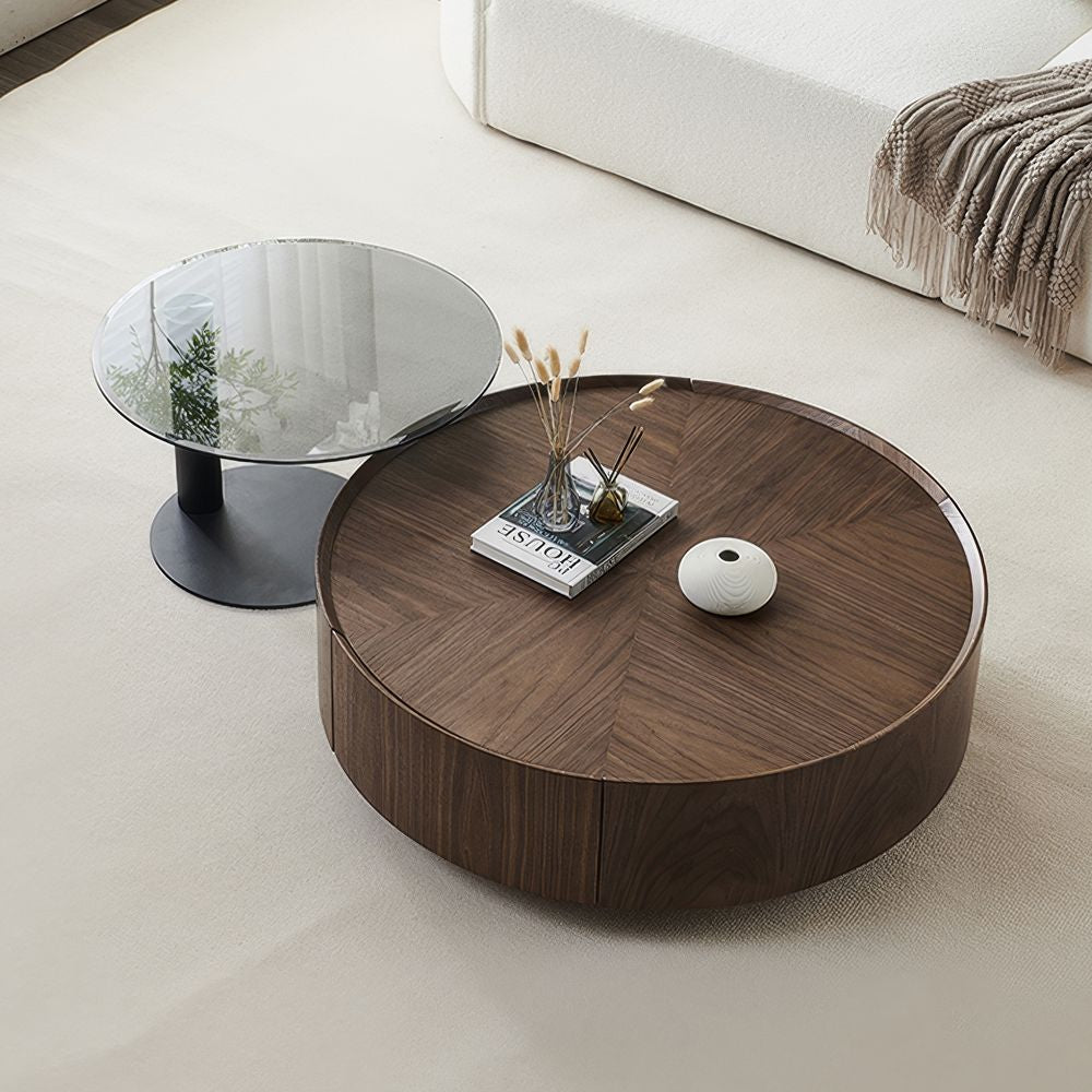 Japandi Round Coffee Table with 2 Drawers