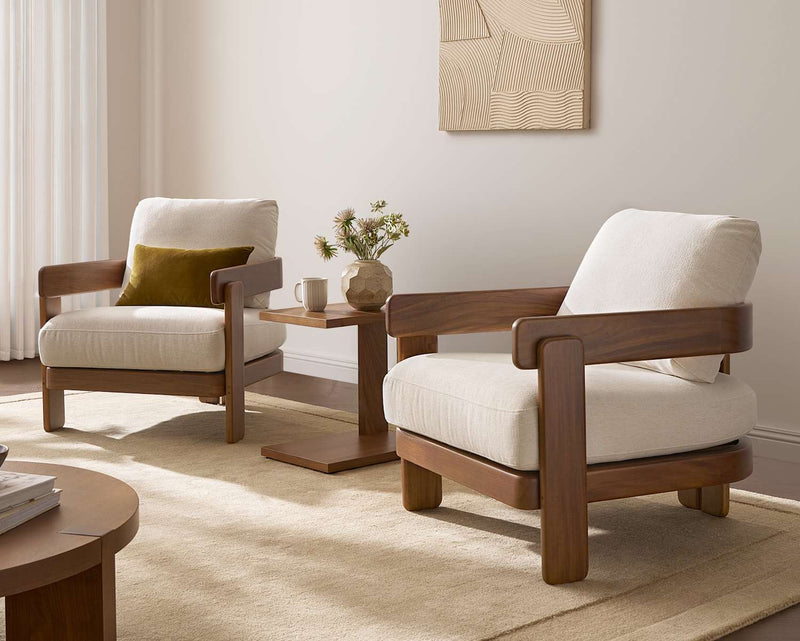 Japandi Cream Chenille Armchair with Wood Frame - Eden