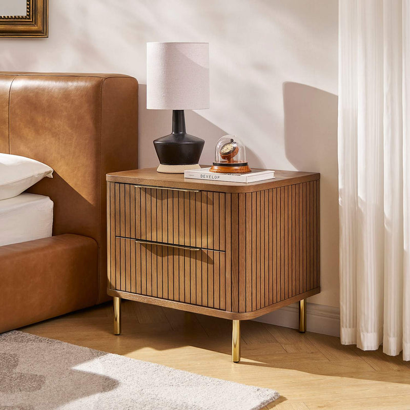 Japandi Fluted Oak Nightstand with 2 Drawers - Harper