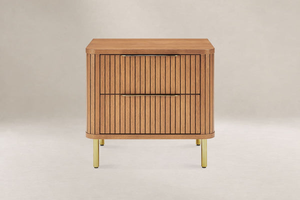 Japandi Fluted Oak Nightstand with 2 Drawers - Harper