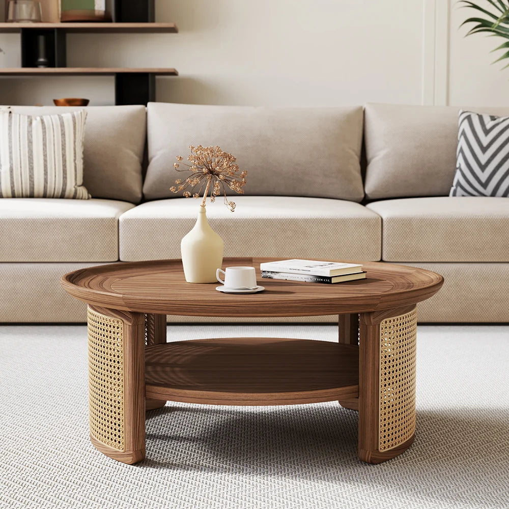 Japandi Round Walnut Wood Coffee Table