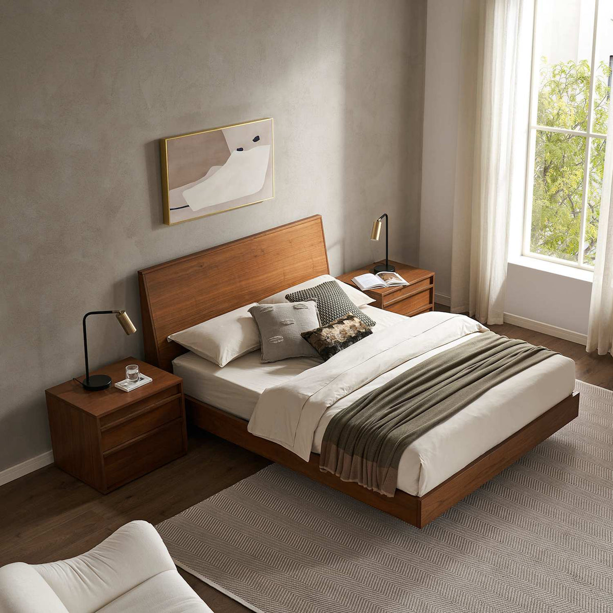 Joseph walnut bed styled with bedside tables