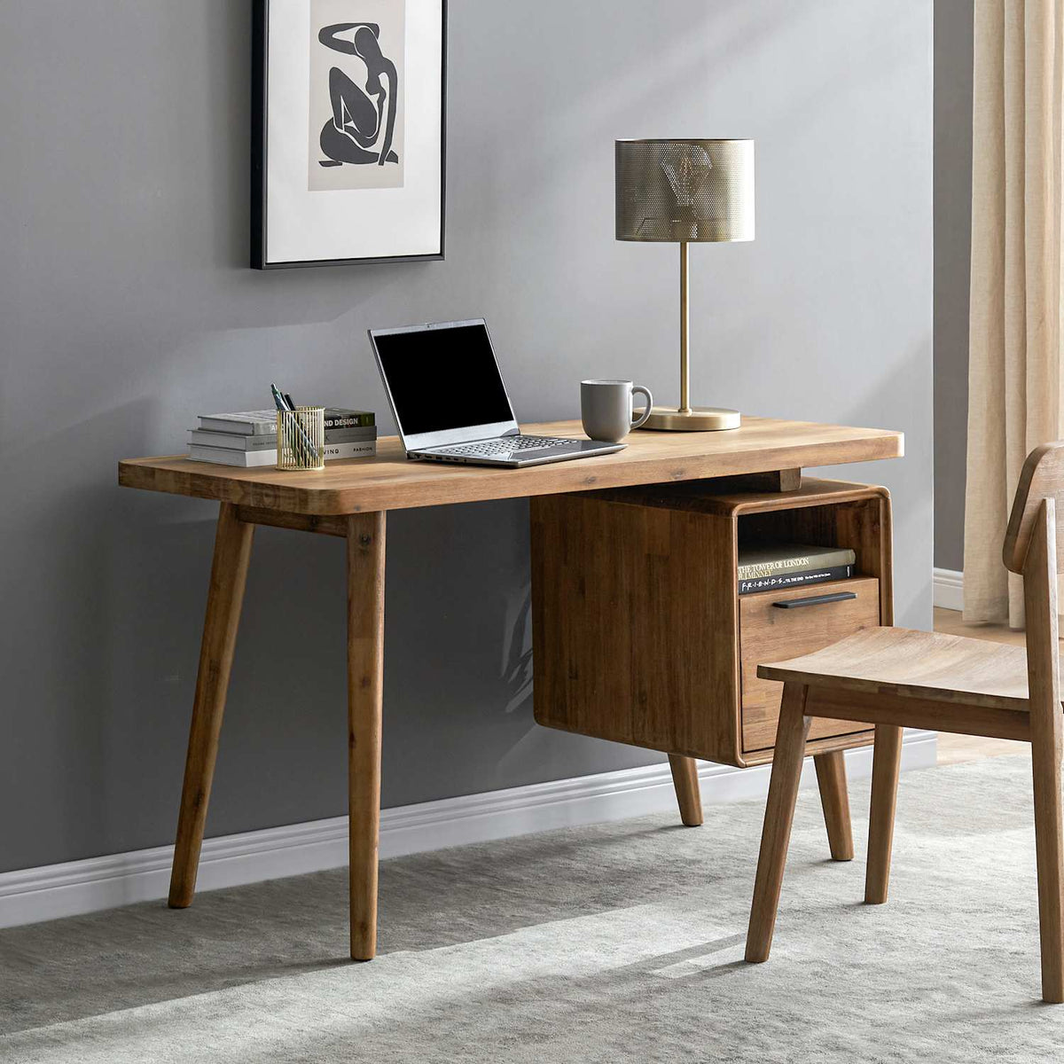 Seb acacia wood desk with chair in a calm home office