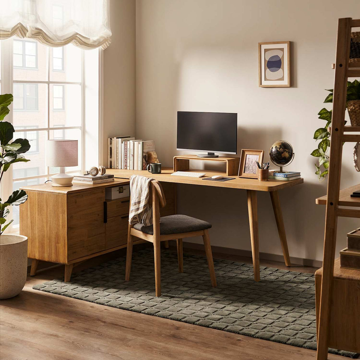 Seb acacia L-shaped desk in a home office corner