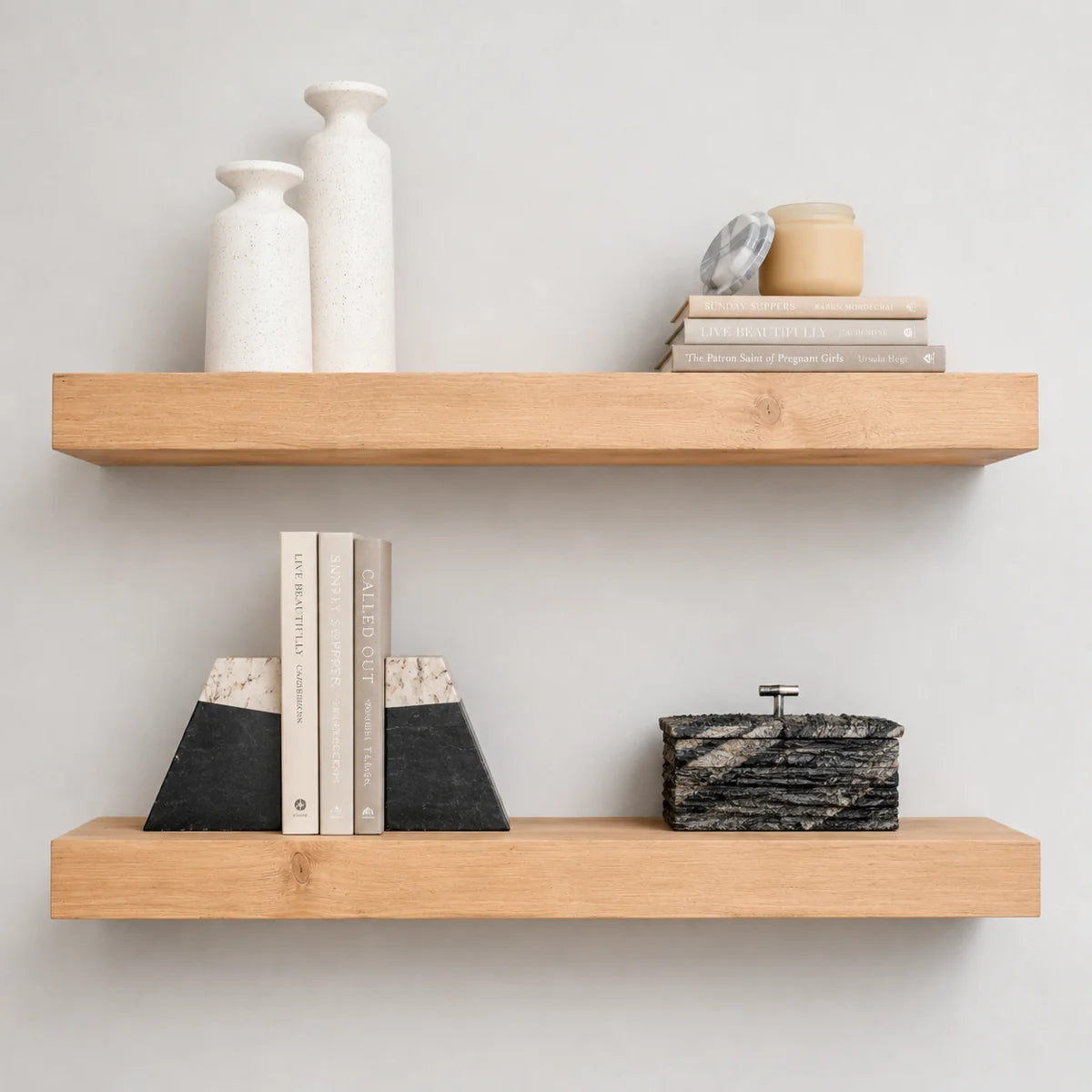 Arzhin shelves styled with vases