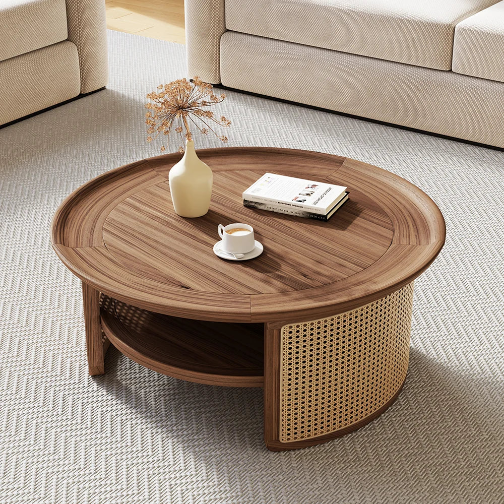 Japandi Round Walnut Wood Coffee Table