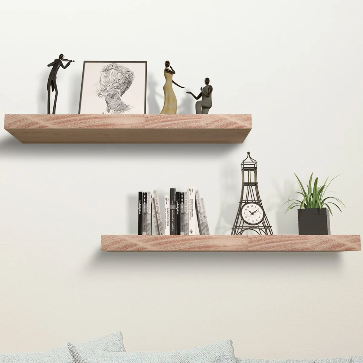 Chalissa light wood floating shelves with books and ceramics