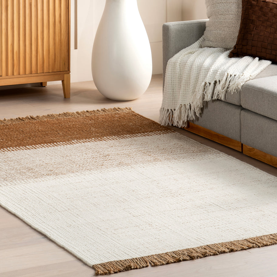 Japandi Rust Striped Fringed Rug