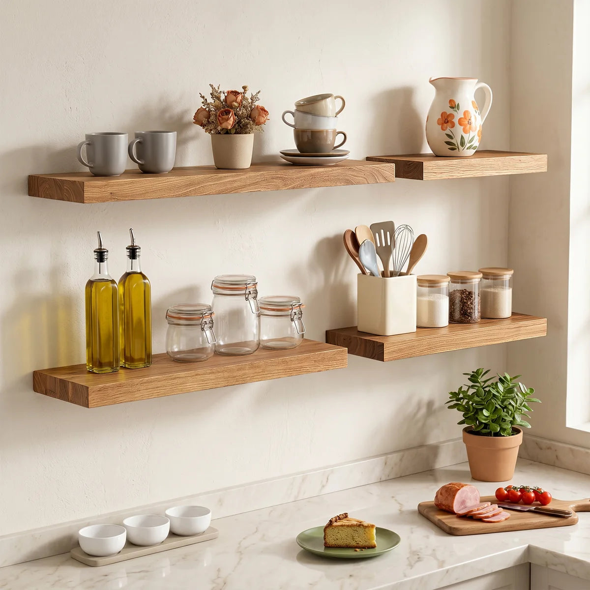 Desseray elm floating shelves in a bright kitchen