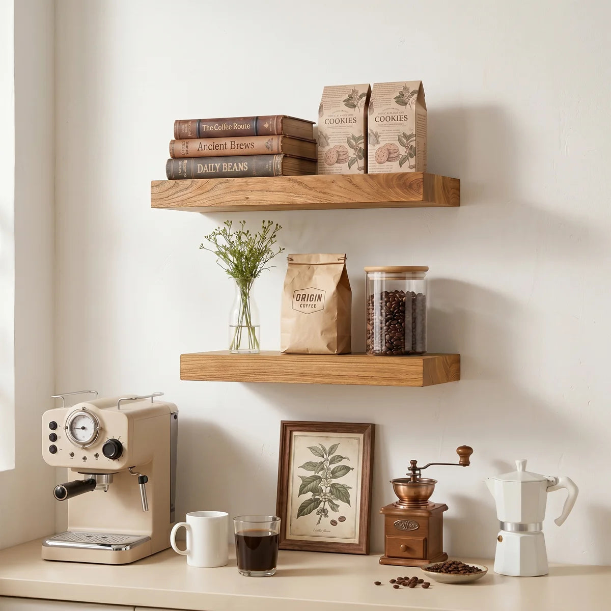 Desseray floating shelves with books and plants