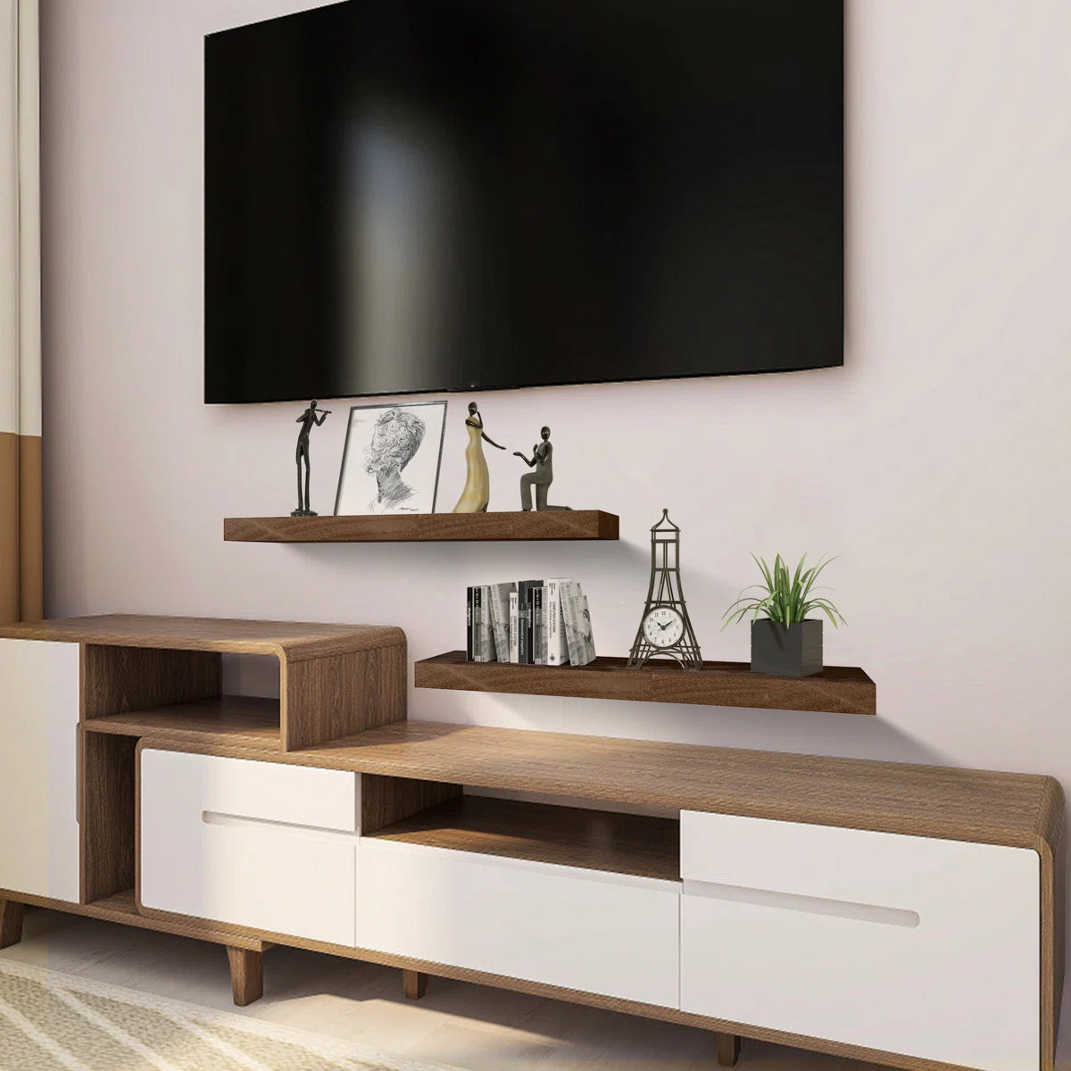 Dodgen shelves under a wall-mounted TV
